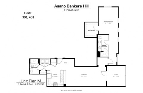 Floor plan for 1 bed, 2 baths, 1202 sqft